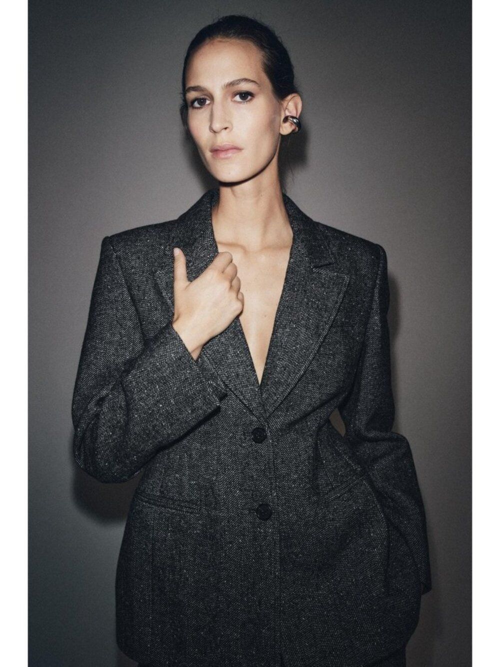 Zara Women Blazer Suit Jacket L Large Black White Peplum Wool Blend 3736/264 NWT